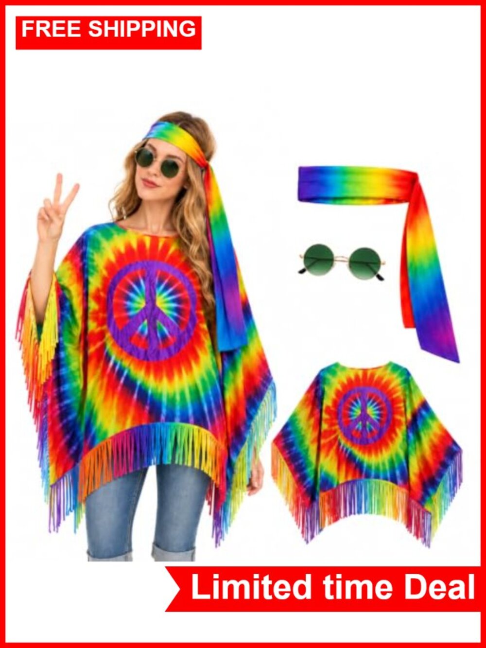 Hippie Costume Set 3 Pcs Fringe Poncho Headband Sunglasses 70s